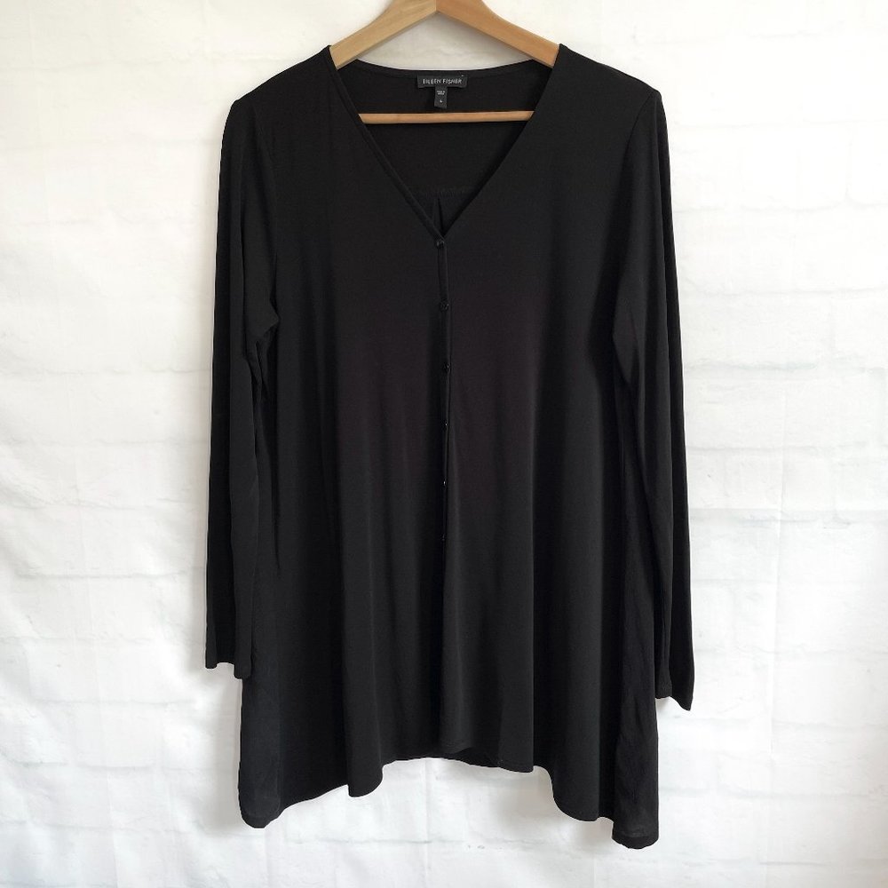 Eileen Fisher Stretch Silk Jersey V-neck Shirt Crepe De Chine Black Size Small